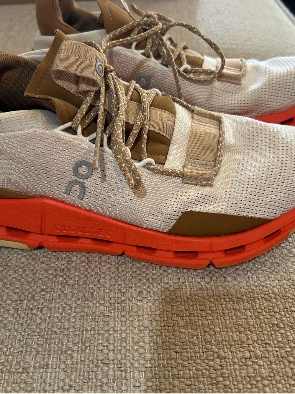 On Running Women’s Athletic Sneakers in White, Tan, and Orange